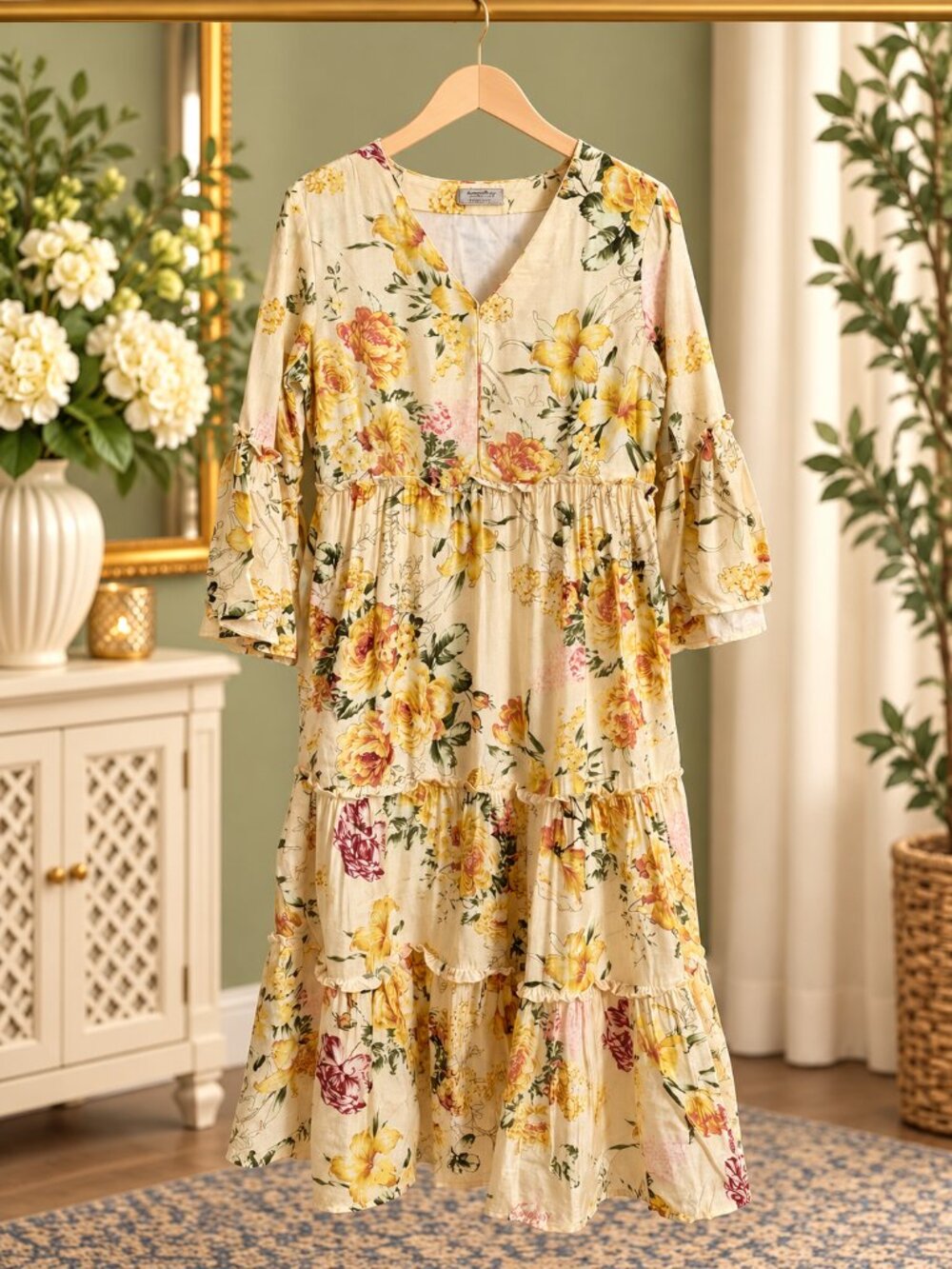 Ancestry Stories Retold Floral Tiered Maxi Dress XS Viscose Boho Bell Sleeve